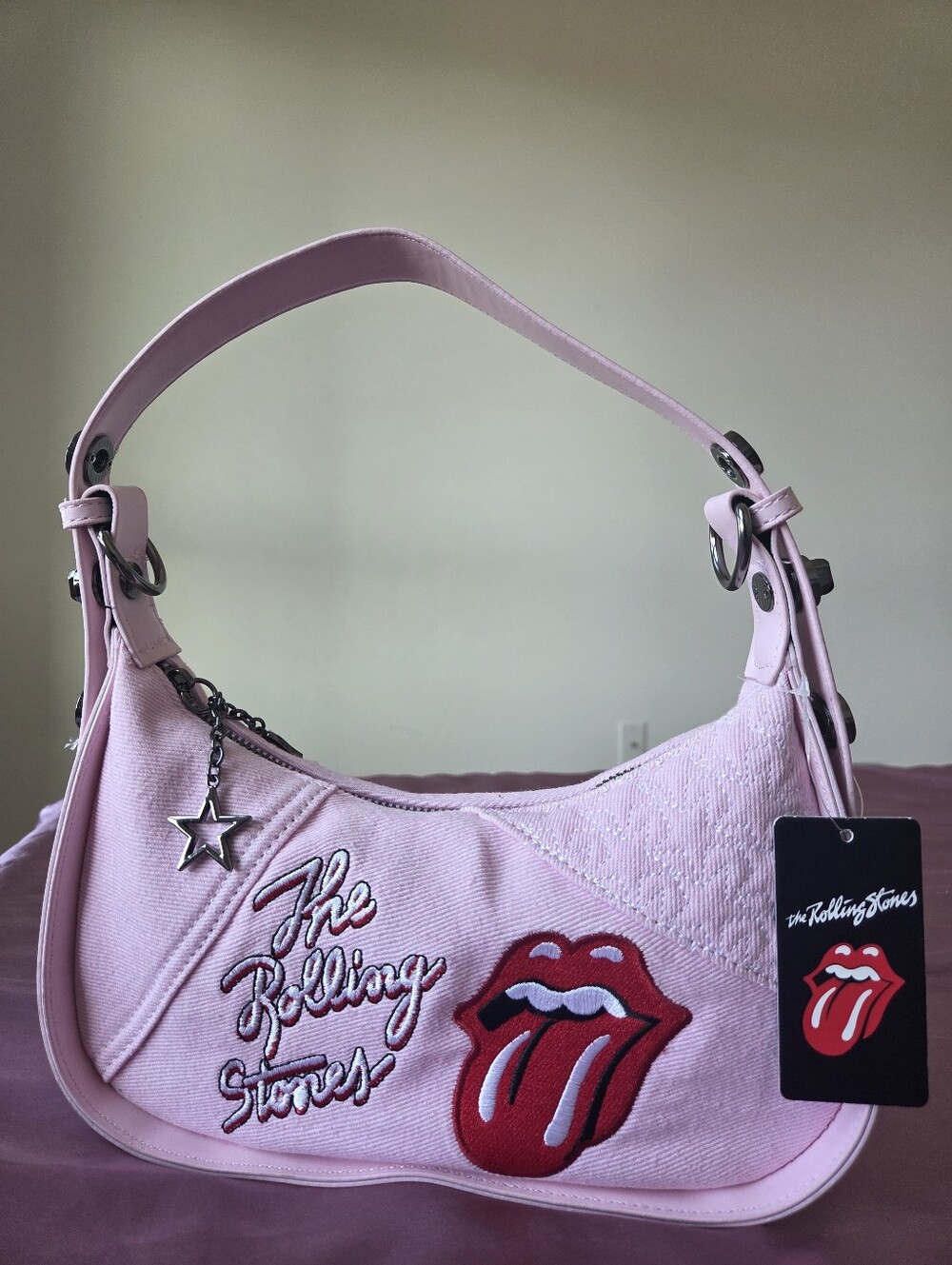 ​NWT The Rolling Stones Pink Embroidered Tongue Bag Charm Y2K Shoulder Purse